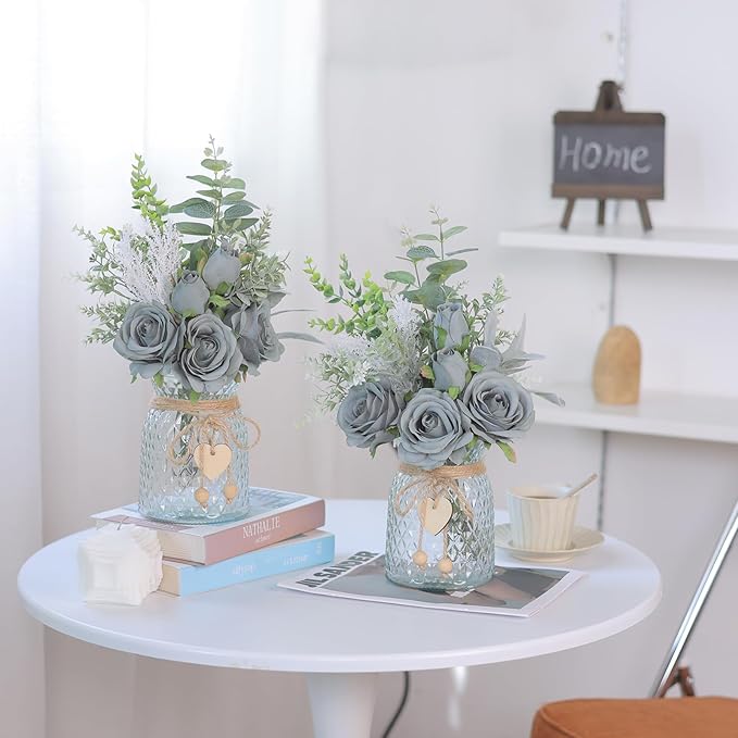 Faux Flowers with Vase, Artificial Silk Roses in Vase, Fake Plant Eucalyptus - Image 7