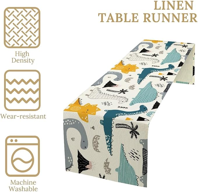 Cartoon Dinosaur Table Runner, Kids Boys Cute Various Dino Moutain Modern - Image 3