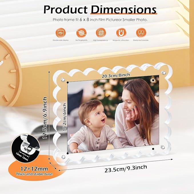 Magnetic Photo Frame 6×8Inch -3Pack Acrylic Scalloped Glass Frames, 12+12mm - Image 2