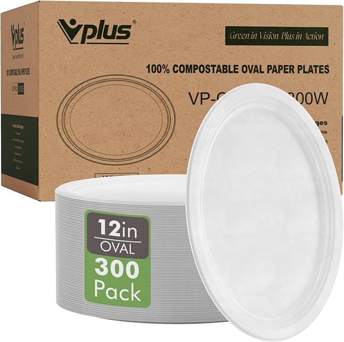 Vplus 300 Pack 100% Compostable Oval Paper Plates 12 inch Super Strong by Vplus
