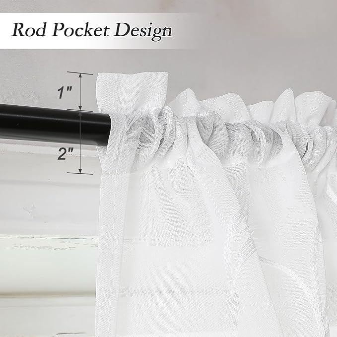 VISIONTEX White Sheer Voile Curtains, Decorative Leaves Embroidery Faux Linen - Image 6