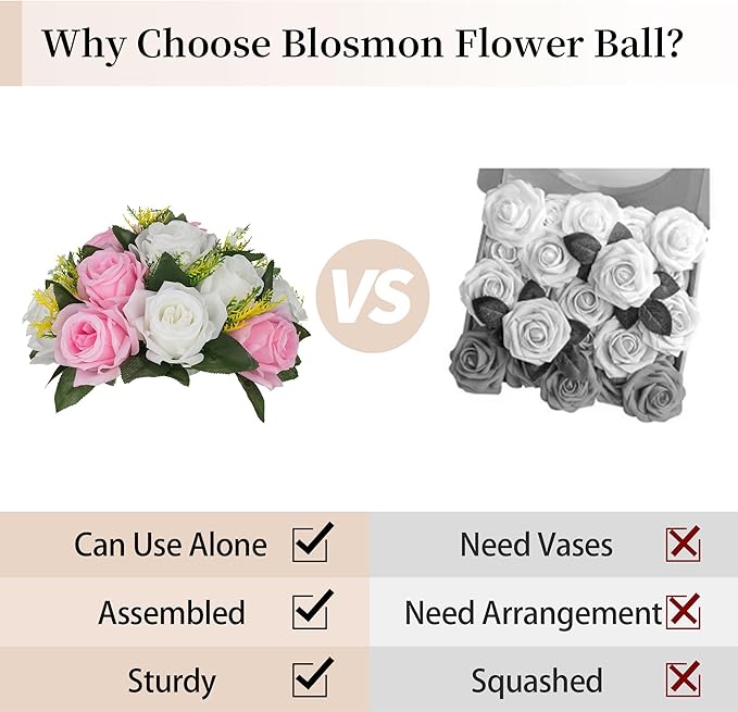 BLOSMON Flower Balls Rose Centerpieces: 6 Pcs 9.5 Inch Pink Fake Flowers - Image 4