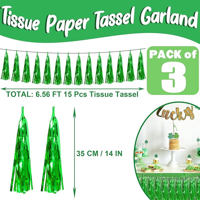 3P Green Foil Fringe Metallic Tassel Streamers Banner Tassel Garland - Image 2