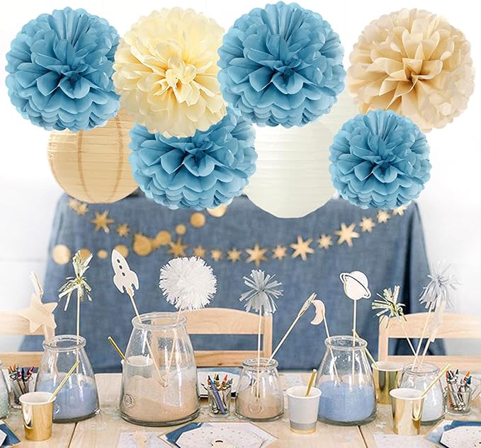 Dusty-Blue Champagne Party-Decorations Paper-Flowers Lanterns - Image 5