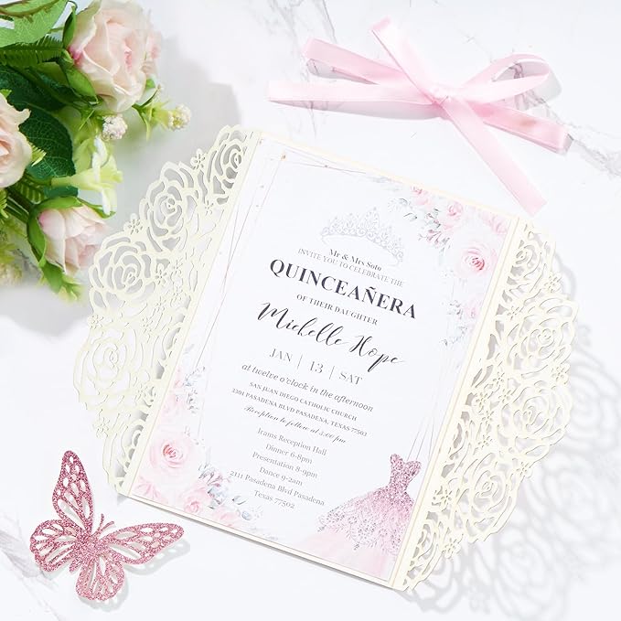 50PCS Pink Wedding Invitations Butterfly Laser Cut Invitation - Image 6