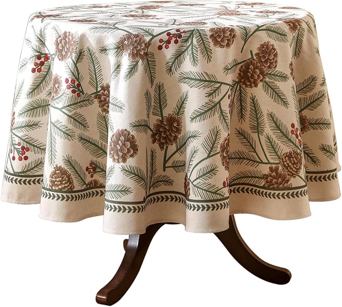 ISAENNE Designer Christmas Beige Linen Small Round Tablecloth, Pinecones by Isaennehomedecoration