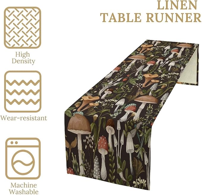 Mushroom Table Runner, Retro Forest Wildflower Botanical Plants Flower Art - Image 3