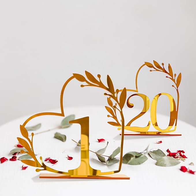 Gold Acrylic Heart-Shaped Table Numbers 1-20 by Unknown