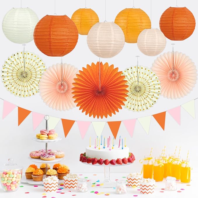 15Pcs Autumn Pink and Orange Party Decorations, Hanging Orange Paper Lanterns - Image 5