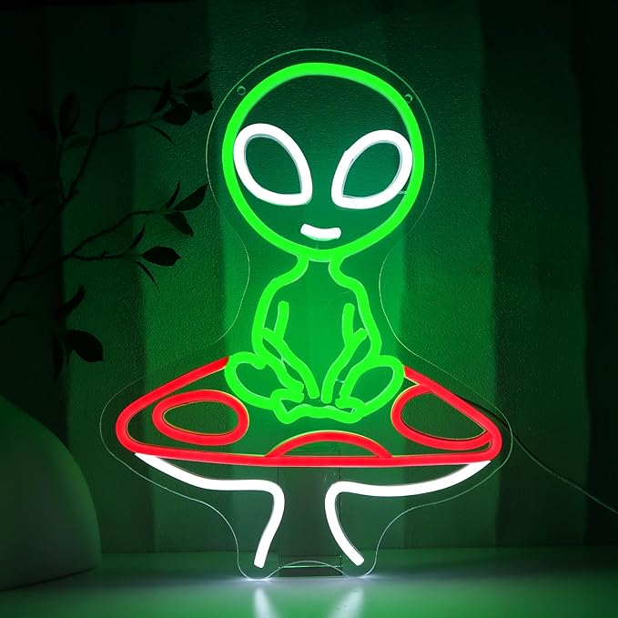 Mushroom Alien Neon Sign for Wall Decor, USB Dimmable Green Alien Neon Lights by PMCVYH