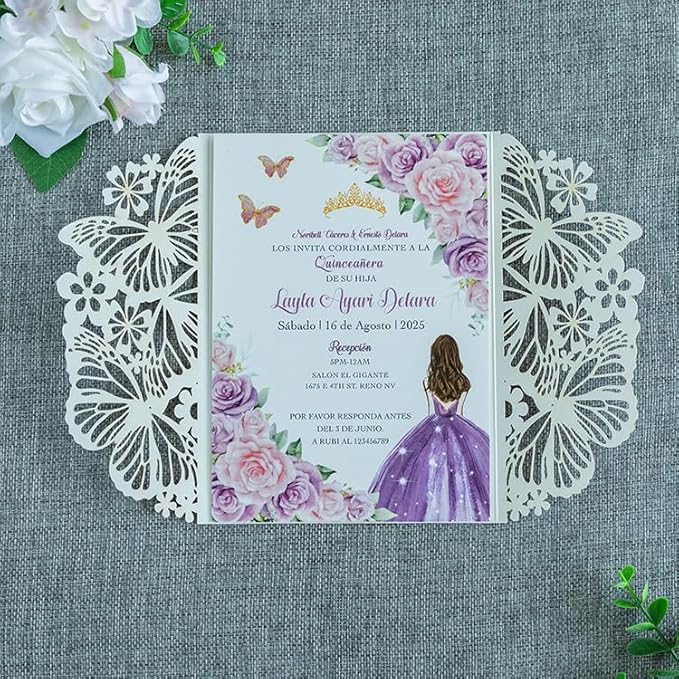 20 PCS 5.12x7.2 Butterfly Personalized Quinceanera Invitation, Customized XV - Image 3