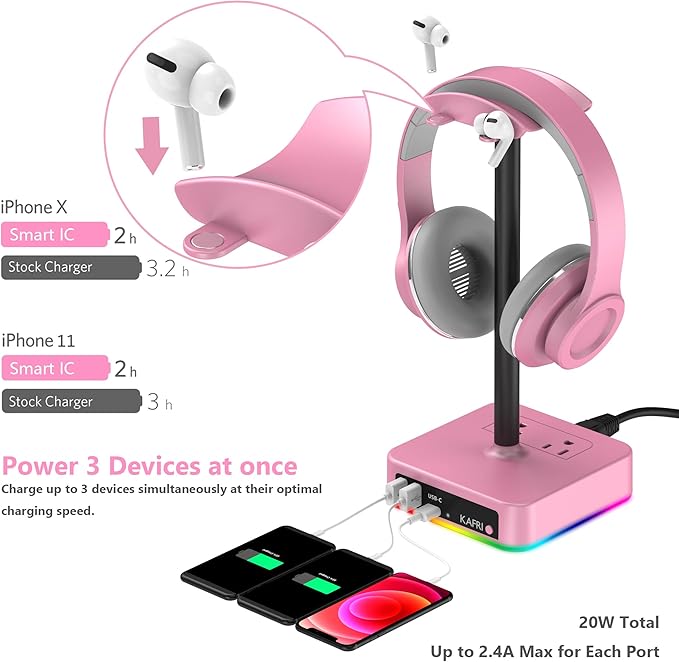KAFRI RGB Headphone Stand with USB Charger Desk Gaming Headset Holder Hanger - Image 3