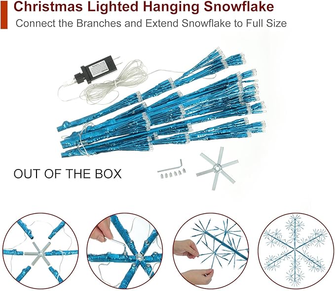 30’’ Christmas Snowflake Lights Outdoor, Pre-lit 240Pcs Blue LEDs Hanging Blue - Image 5