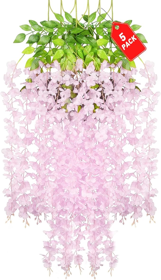 5 Pack Pink Wisteria Hanging Flowers, 3.44 Ft Fake Hanging Flowers, Artificial by ZEBMOON