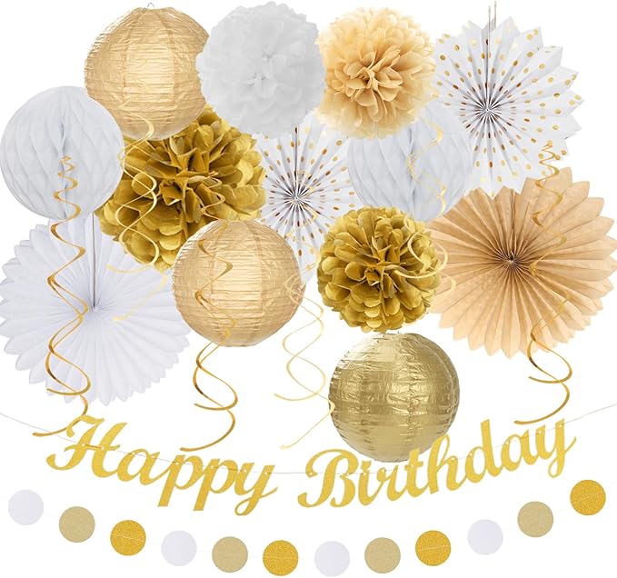 White Champagne Gold Birthday Party-Decorations by Huglony