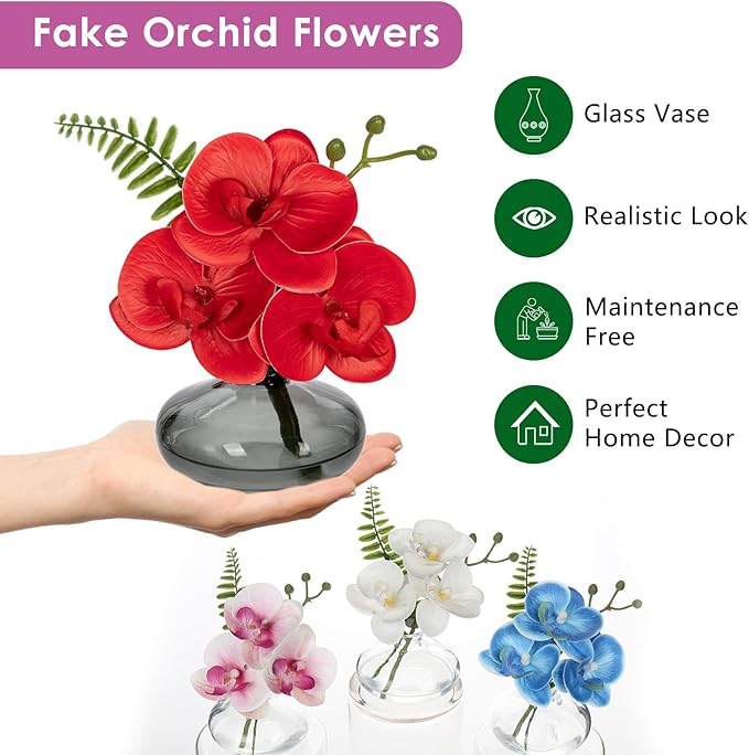 Red Orchids Artificial Flowers Faux Orchids Arrangement in Black Glass Vases - Image 2