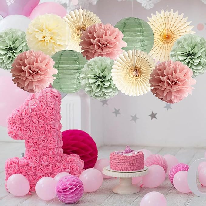Dusty Pink and Sage Green Party Decorations Dusty Rose Sage Green Tissue Pom - Image 6