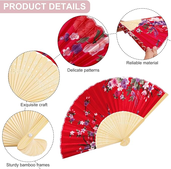 durony 12 Pieces Floral Folding Fans Silk Bamboo Handheld Fans Vintage Handheld - Image 3