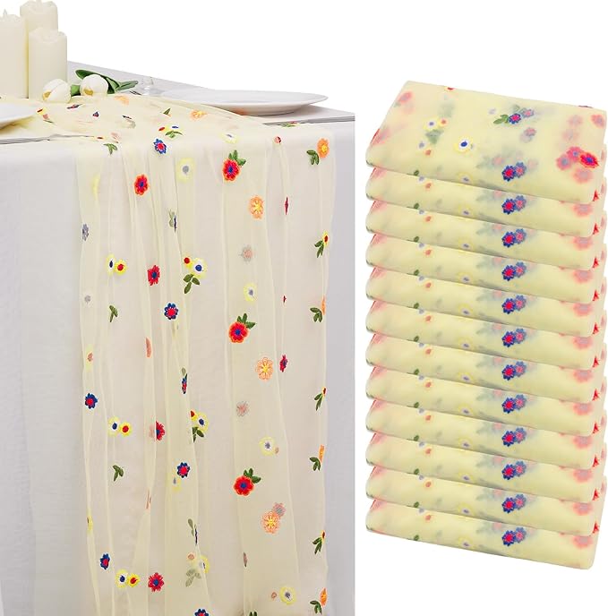 BINBE 12pcs Daisy Fall Table Runner Embroidery Gauze 10FT Florals Seasonal by BINBE