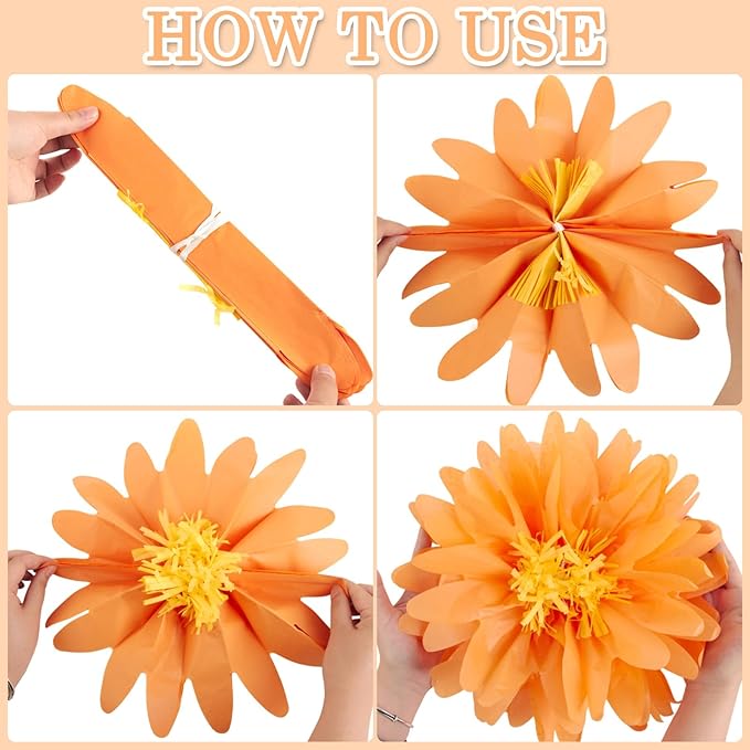 12 Pcs Daisy Tissue Paper Pom Poms Fall Party Decorations Orange Yellow Tissue - Image 3