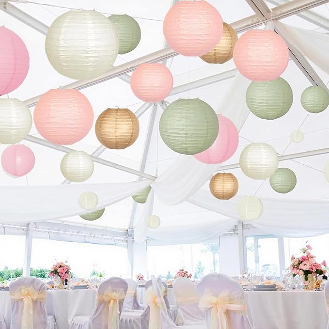 Sage Green Pink Paper Lanterns Decorative 12pcs Wedding Hanging Decorations - Image 8
