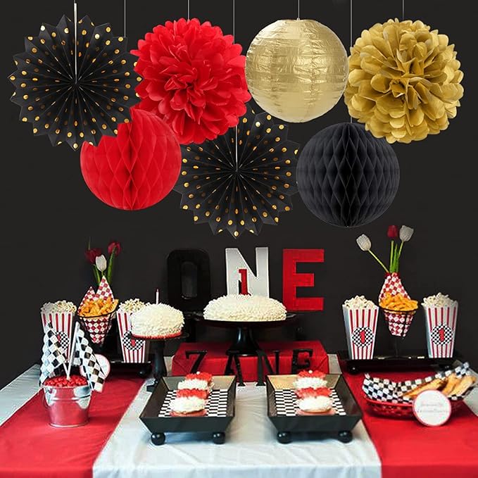 Red-Black Gold Party Decorations Streamers Lanterns - Image 2