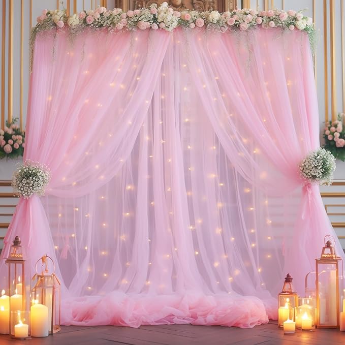 30×10ft Pink Tulle Backdrop Curtain by WishCare