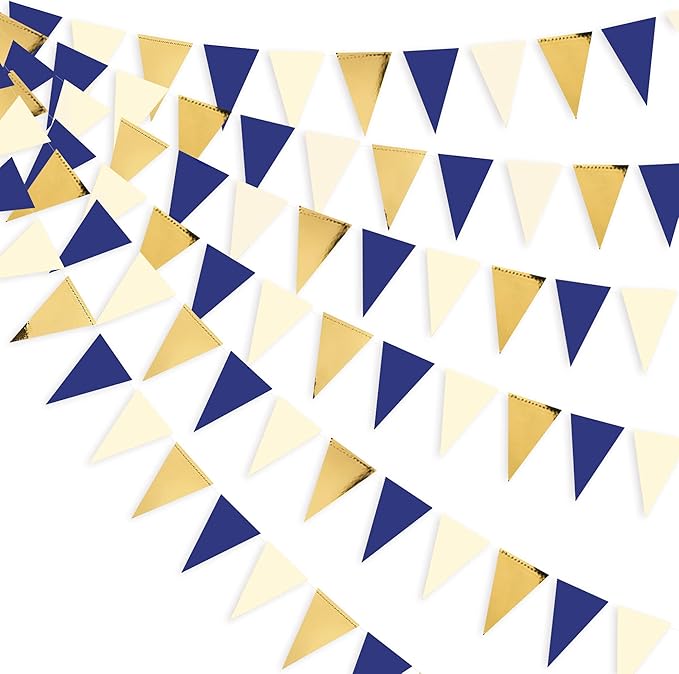 30Ft Navy Blue Gold and Beige Party Decorations Royal Blue Gold Triangle Flag by pinkblume