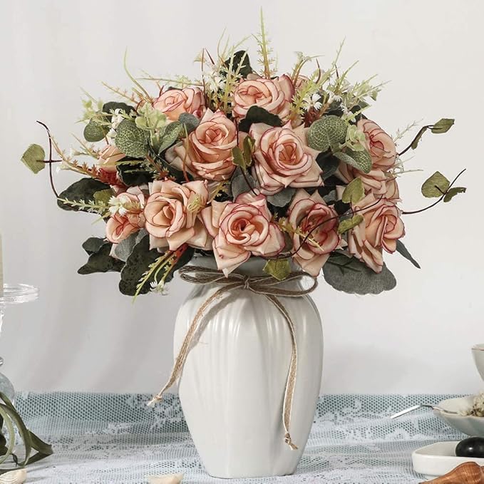 LESING Artificial Rose with Vase, Fake Silk Flowers Bouquets in Vase Table - Image 2