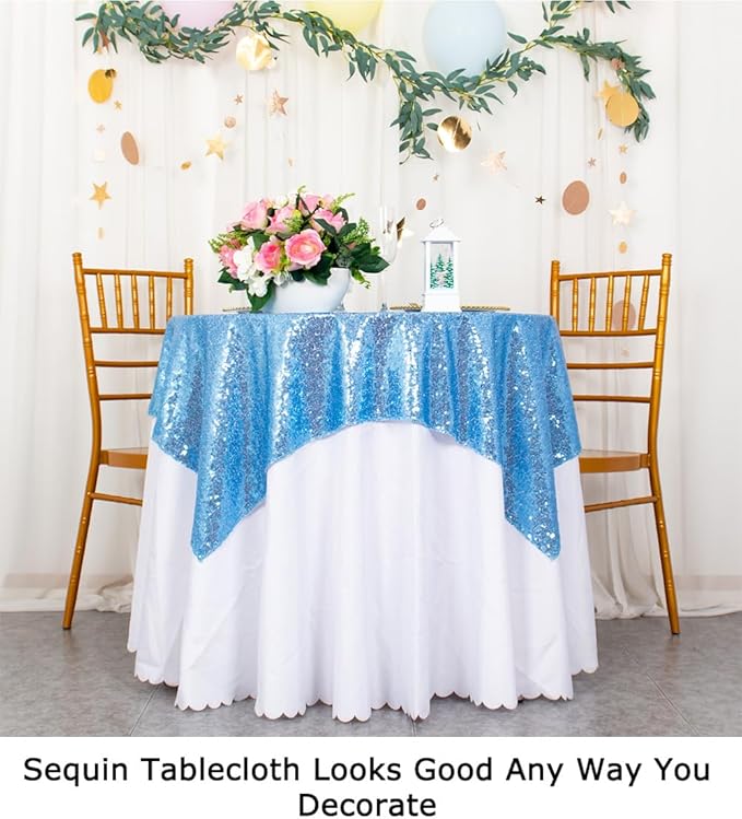 ShinyBeauty Small Tablecloth Square 36x36-Inch Baby Blue Sequin Tablecloth - Image 6