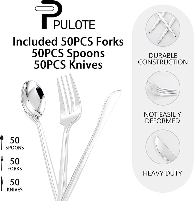 PULOTE 150PCS Silver Plastic Silverware Disposable - Image 7