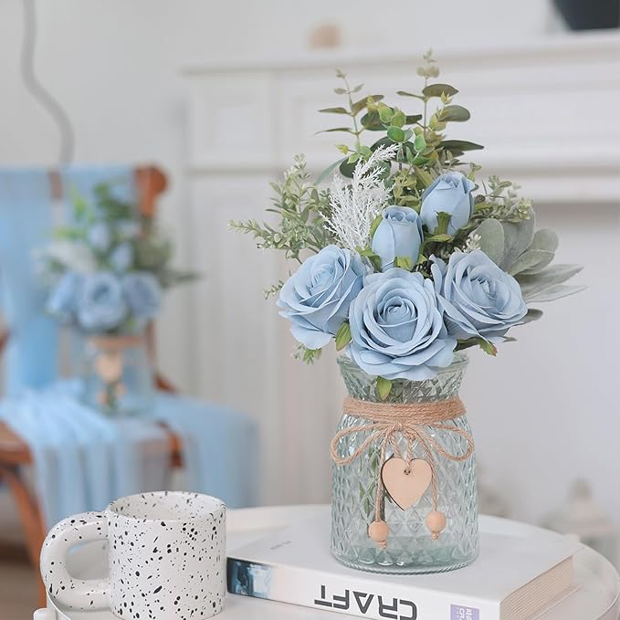 Faux Flowers with Vase, Artificial Silk Roses in Vase, Fake Plant Eucalyptus - Image 2