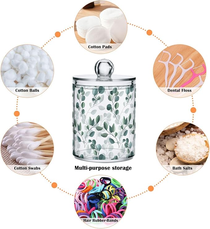 Qtip Holder Dispenser 2 Pack Green Watercolor Floral Leaves Apothecary Jars - Image 4