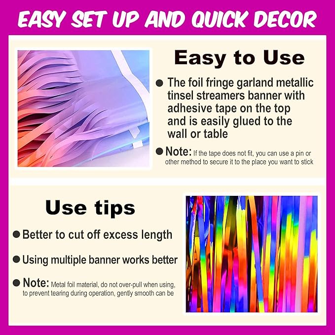 6 Pack 10 Ft Rainbow Foil Fringe Garland Metallic Streamers Tinsel Banner Wall - Image 3