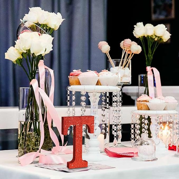 TONIFUL 8 Inch Red Glitter Letter T Table Centerpiece A-Z Red Birthday Party - Image 6