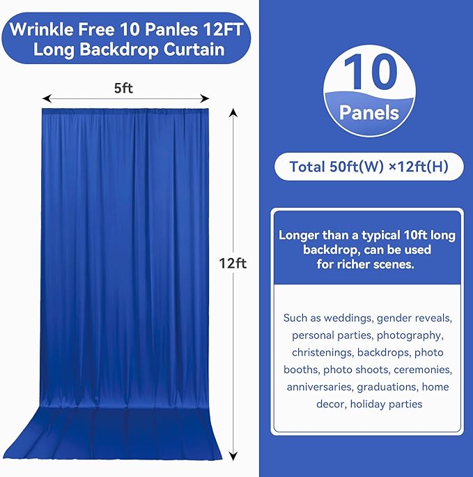 50ftx12ft Wrinkle Free Royal Blue Backdrop Curtain, 10 Panels 12FT Height Royal - Image 6