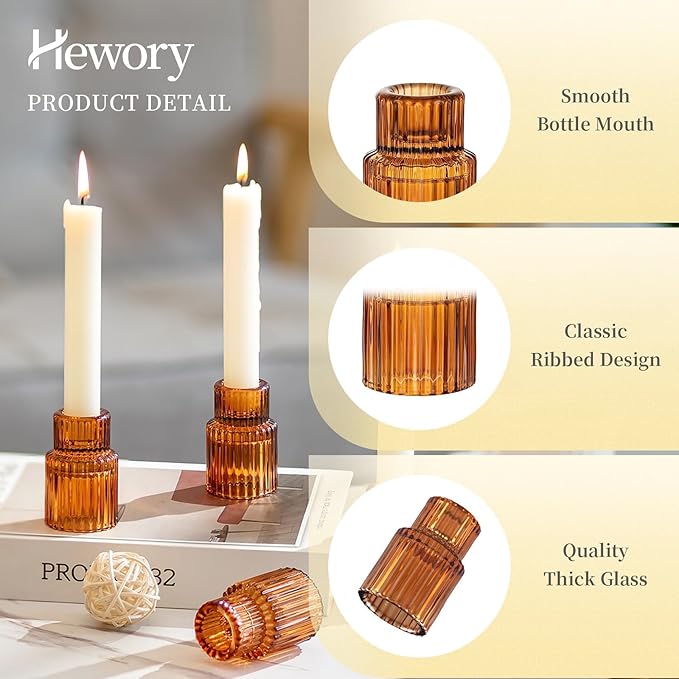 Hewory Glass Taper Candle Holders: 10 PCS Amber Elegant Candle Holder - Image 5