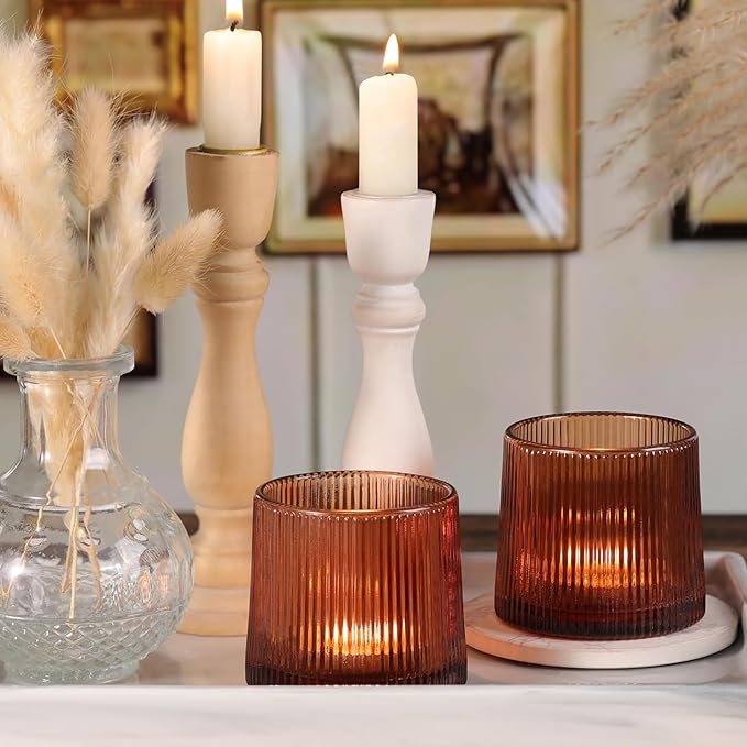 Amber Ribbed Tealight Votive Candle Holders- 6Pack Glass Candle Holders - Image 7