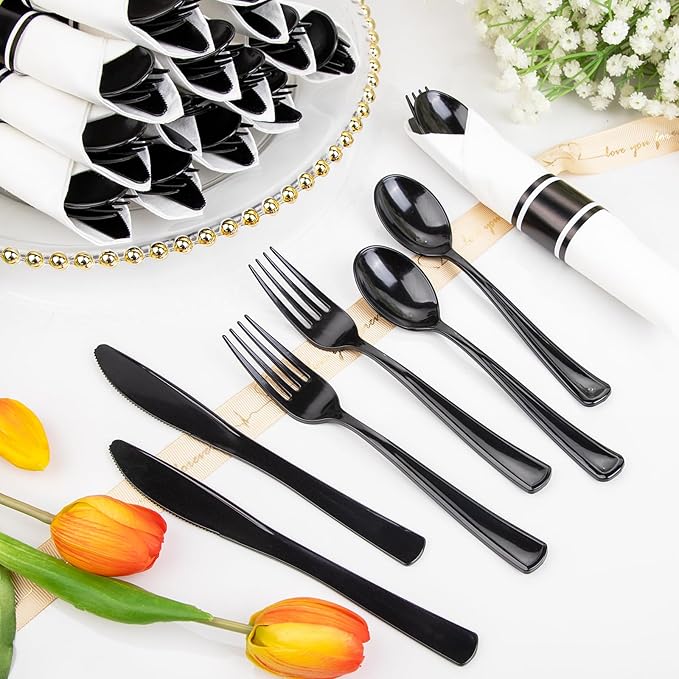 Supernal 60 Pack Hevy Duty Rolled Black Plastic Silverware, Pre Wrapped Cutlery - Image 5
