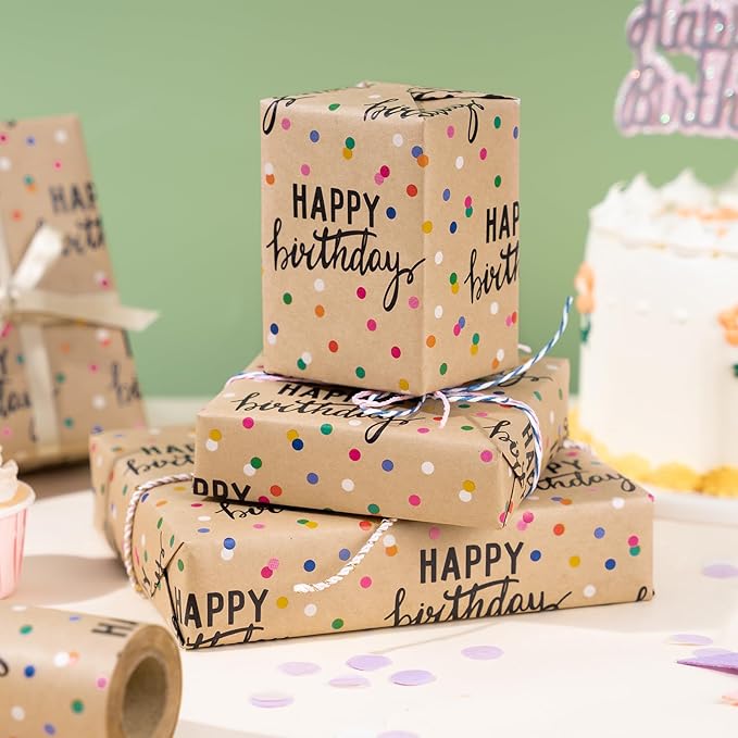 LeZakaa Birthday Kraft Wrapping Paper Roll, Happy Birthday Lettering & Colored - Image 3