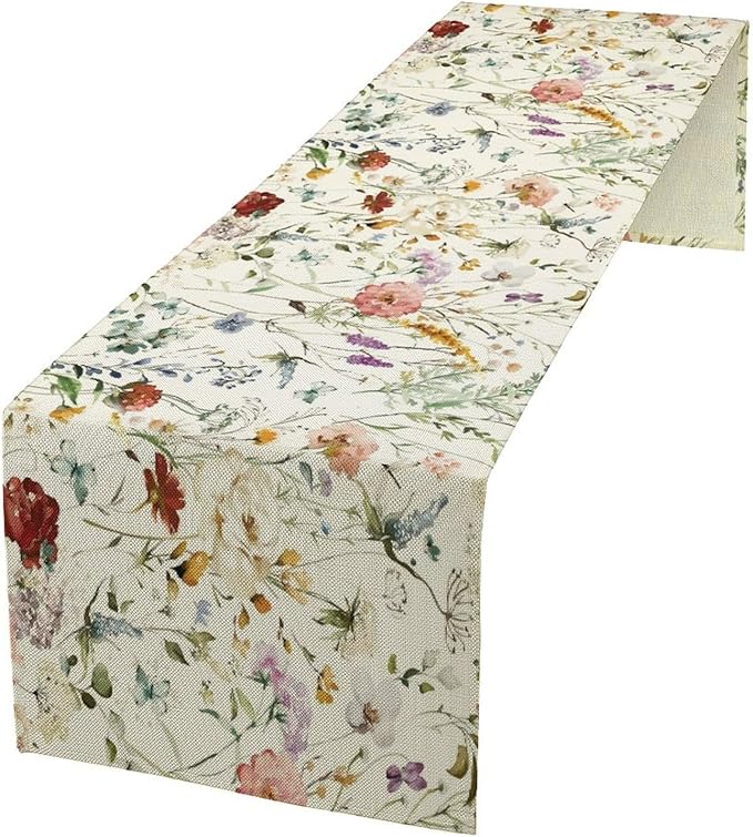 Floral Butterfly Table Runner, Rustic Colorful Flower Botanical Watercolor by Kurtect