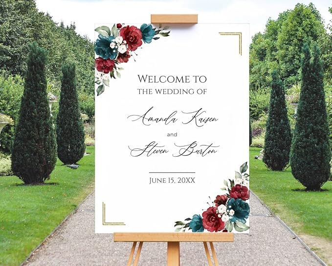 Burgundy and Dark Teal Wedding Welcome Sign, Welcome To The Wedding Of Signs - Image 2