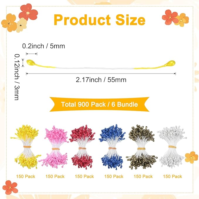 900-Pack Flower Stamens for Crafts, 5mm Double Heads Artificial Pearl Floral - Image 3