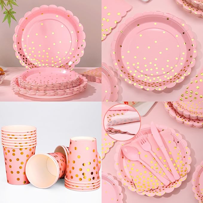 175 Pink Rose Gold Plates Napkins Party Decorations, Plastic Forks Knives - Image 6