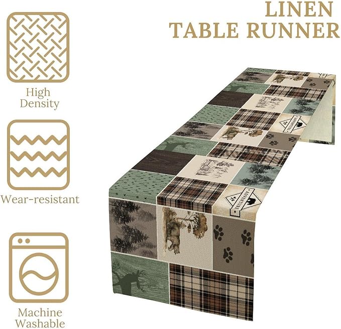 Bear Deer Table Runner, Rustic Lodge Retro Country Farmhouse Buffalo Plaid - Image 2