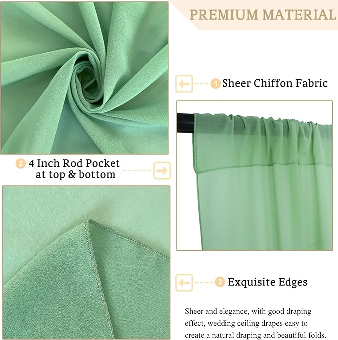 Ceiling Drapes Wedding Arch Drapes Chiffon Arch Draping 2 Panels 5x20 FT Sage - Image 5