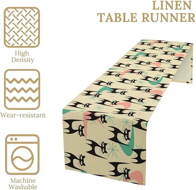 Mid Century Table Runner, Cat Geometric Stripe Colorful Abstract Pattern Print - Image 3