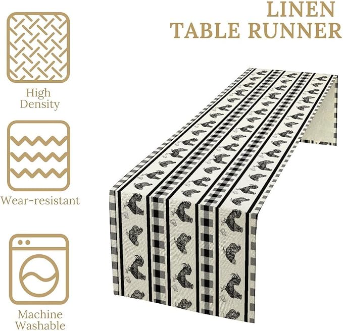 Rooster Table Runner, Farmhouse Animal Vintage Chicken Black White Plaid Check - Image 2