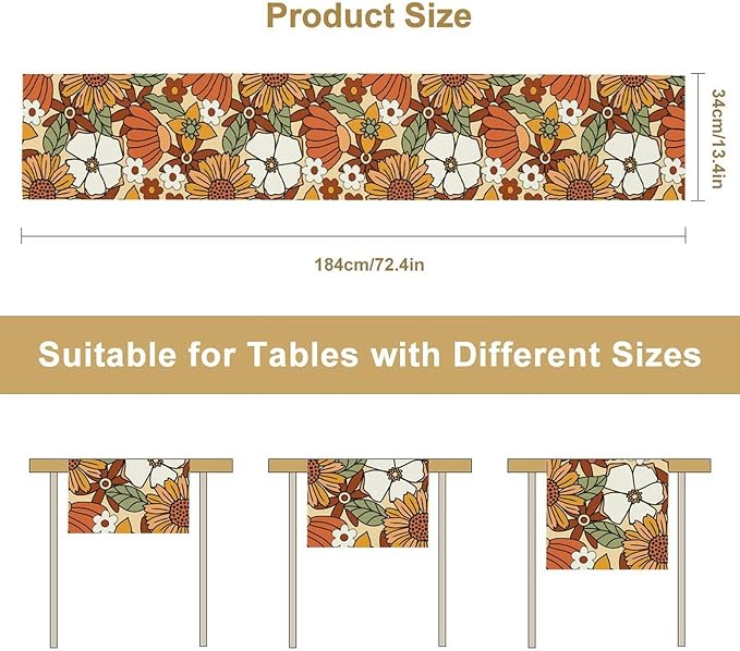 Vintage Floral Table Runner, Boho 70s Style Retro Flower Table Cloth Kitchen - Image 7