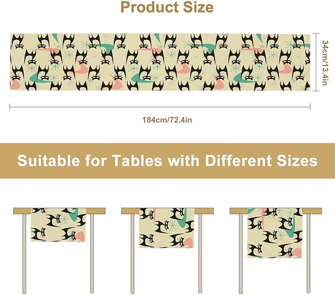 Mid Century Table Runner, Cat Geometric Stripe Colorful Abstract Pattern Print - Image 2